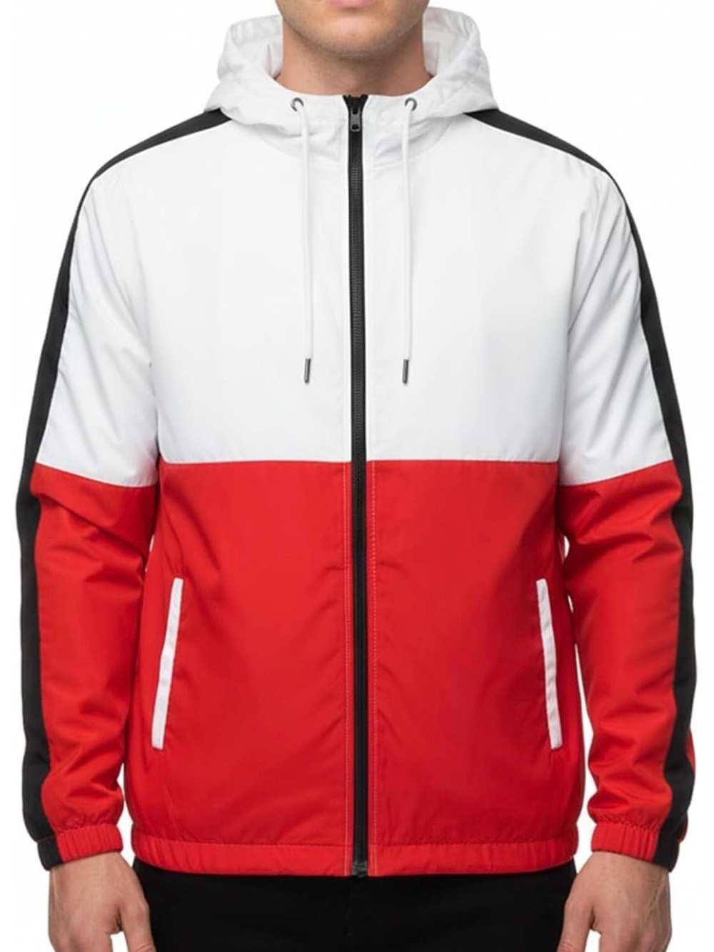 Unisex Colorblock Hooded Windbreaker Jacket - White & Red